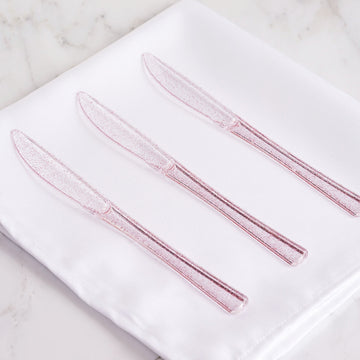 25 Pack Transparent Blush Glitter Classic Heavy Duty Plastic Knives, Sparkly Disposable Utensils 7"