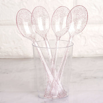 25 Pack Transparent Blush Glitter Classic Heavy Duty Plastic Spoons, Sparkly Disposable Utensils 7"