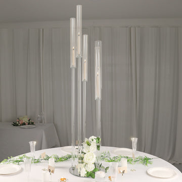 Clear 5-Arm Crystal Round Cluster Taper Candelabra Candle Holders, Votive Pillar LED Candle Holders With Round Mirror Base 51"