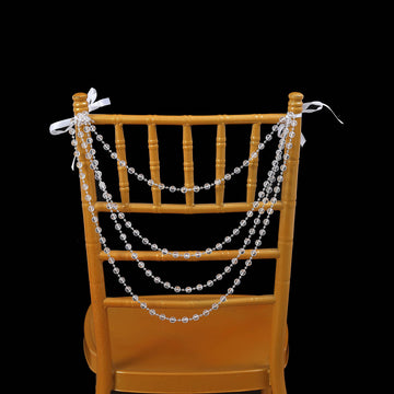 Clear Gatsby Faux Pearl Beaded Wedding Chair Back Garland Sash, Pre-Tied Pearl String Chiavari Chair Decor 16"