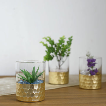 3 Pack | 4" Clear Glass Cylinder Vases with Gold Honeycomb Base, Votive Tealight Candle Holders