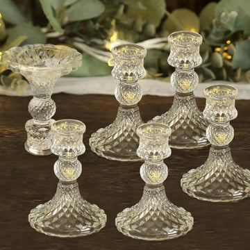 6 Pack Clear Glass Diamond Pattern Taper Candlestick Holders, Reversible Crystal Pillar Votive Candle Stands 4"