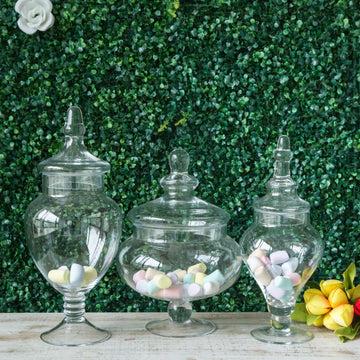 Set of 3 Clear Glass Pedestal Apothecary Party Favor Candy Jars With Snap On Lids 10"/12"/14"