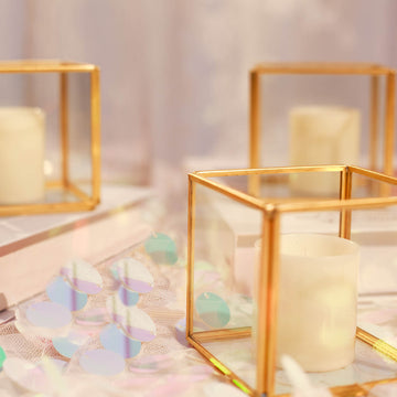 3 Pack Clear Glass Square Tealight Votive Candle Holder Cubes - Stackable with Gold Metal Frame 3"