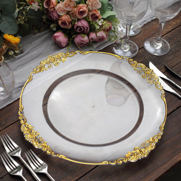 6 Pack Clear Gold Embossed Baroque Round Charger Plates With Antique Design Rim 13"