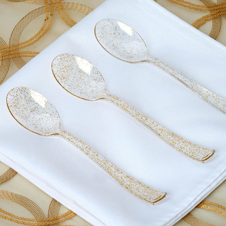 25 Pack - 7inch Clear Gold Glittered Heavy Duty Plastic Spoons, Utensils