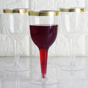 12 Pack | 9oz Clear / Gold Rim Hollow Stem Plastic Wine Goblet Glasses, Disposable Cups With Detachable Base