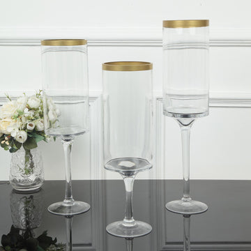 Set Of 3 Clear Gold Rimmed Long Stem Glass Hurricane Candle Holders, Cylindrical Pedestal Flower Vases 16", 18", 20"