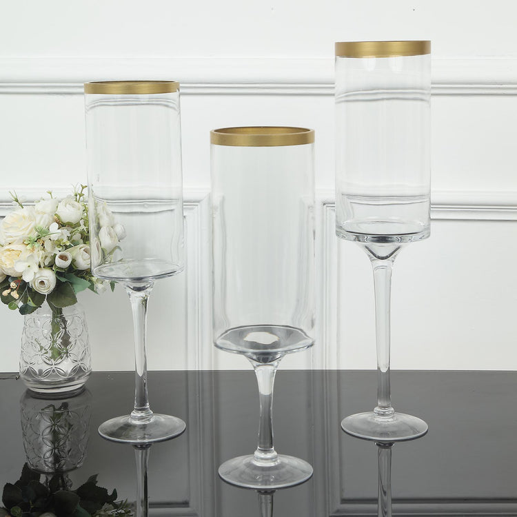 Set Of 3 Clear Gold Rimmed Glass Hurricane Candle Holders With Long Stem Pedestal 6 Inch 18 Inch 20 Inch
