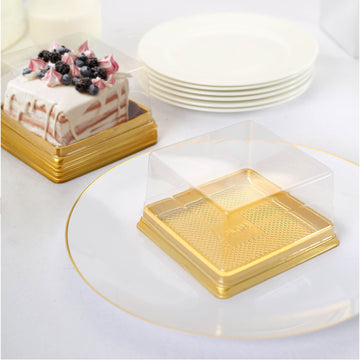 50 Pack Clear / Gold Square Mini Plastic Dessert Party Favor Boxes, Cupcake Muffin Food Containers 4"x4"x2.5"