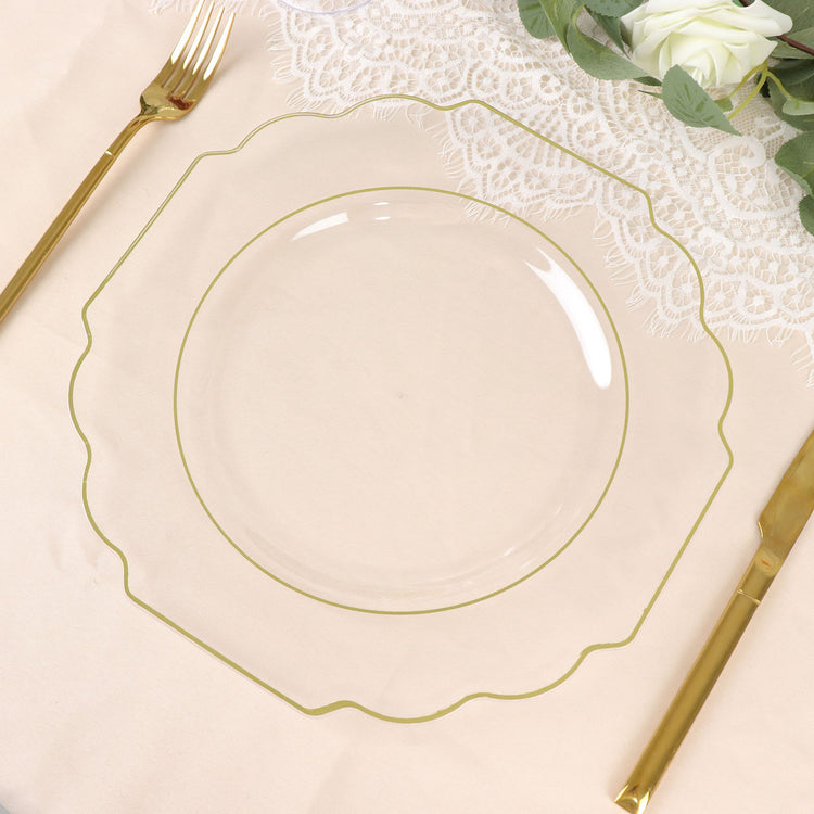 10 Pack Hard Plastic Clear Baroque Dessert Plates with Gold Rim Design 11 Inch