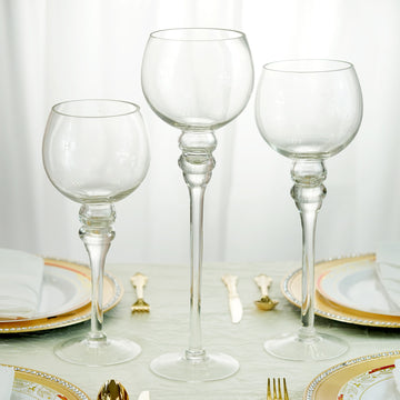 Set of 3 | Clear Long Stem Globe Glass Vase Candle Holder Set - 12",14",16"