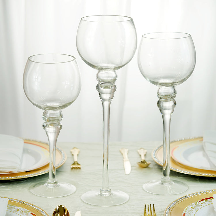 Set of 3 | Clear Long Stem Globe Glass Vase Candle Holder Set - 12"|14"|16"