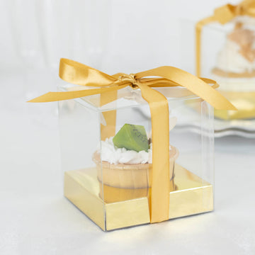 12 Pack Clear Metallic Gold Plastic Dessert Gift Boxes With Ribbon Tie, Disposable Cupcake Favor Boxes 3.5"