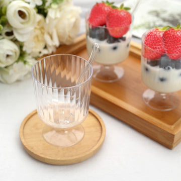 24 Pack | 5oz Clear Mini Ribbed Pedestal Plastic Dessert Cups With Spoons, Disposable Snack Cup Spoon Sets