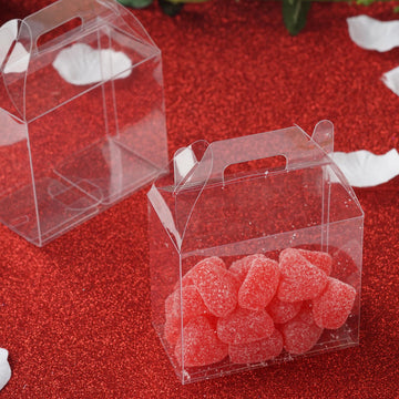 25 Pack | 4"x3" Clear Plastic Candy Container Gable Gift Boxes, Transparent Party Favor Boxes With Handle