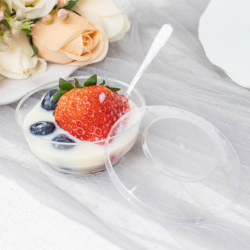 24 Pack | 3.5oz Clear Plastic Mini Party Bowl, Lid and Spoon Set, Disposable Dessert or Breakfast Cups
