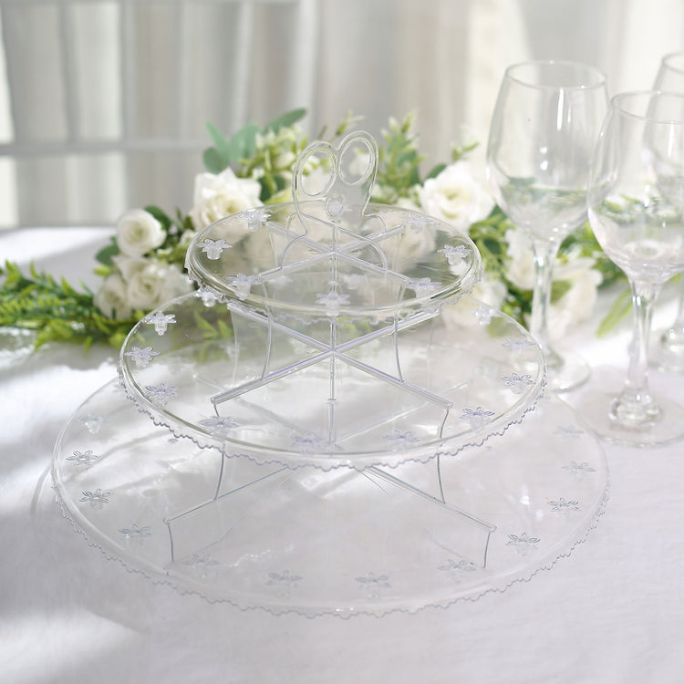 12 Inch Clear Plastic Round 3 Tier Cupcake Stand with Floral Cut Rims