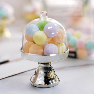12 Pack | 4" Clear Silver Fillable Mini Pedestal Cake Stand Gift Boxes, Candy Treat Favor Boxes With Dome Lid