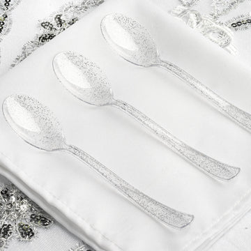 Clear Silver Glitter Heavy Duty Plastic Spoons - 25 Pack