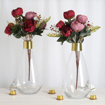 2 Pack Clear Teardrop Glass Flower Vase with Gold Metal Top, Decorative Glass Jars 14"