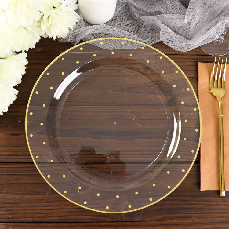 10 Inch Round Disposable Clear Plastic Plates with Gold Dot Rim Design 10 Pack