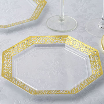 12 Pack Clear With Gold Lace Rim Octagonal Plastic Dessert Plates, Disposable Salad Appetizer Plates 8"
