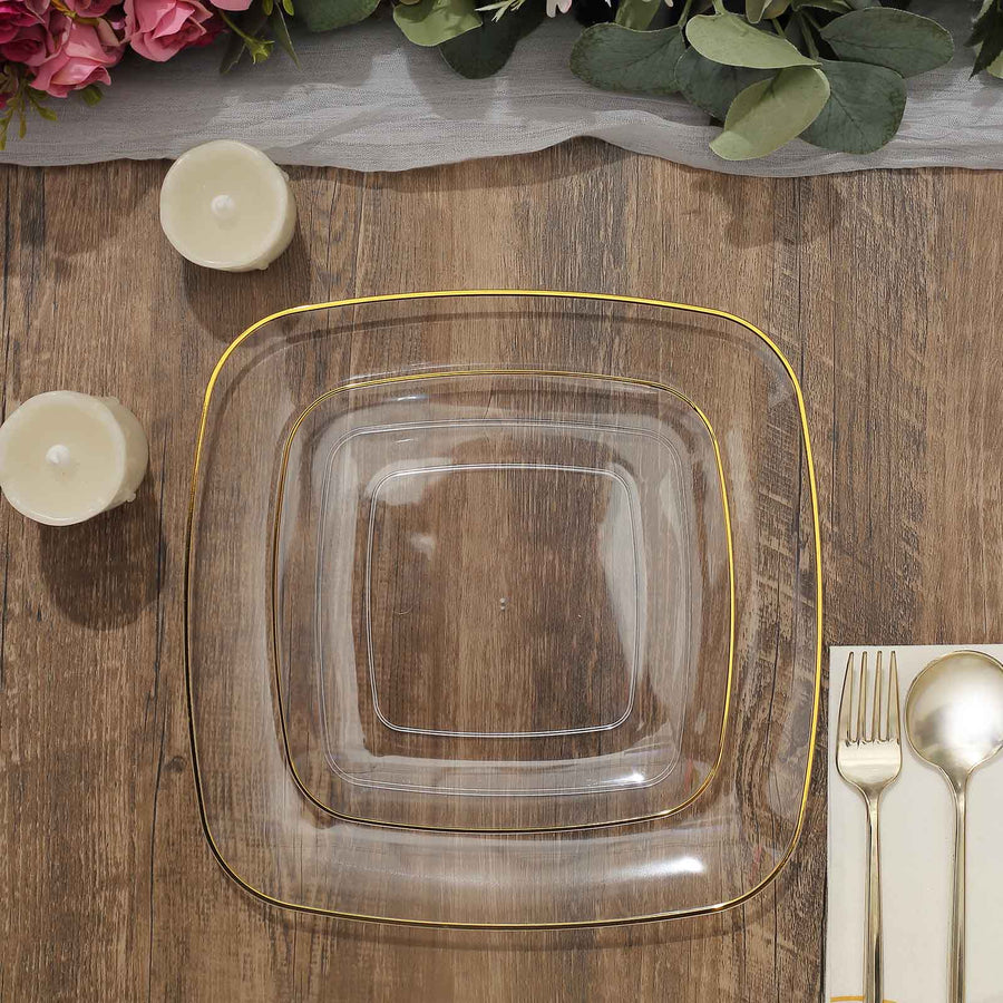 10 Pack 7 Inch Clear Square Plastic Dessert Plates With Gold Rim