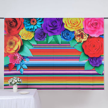 Colorful Cinco De Mayo Fiesta Vinyl Photography Backdrop, Mexican Themed Multi-Color Striped / Paper Flowers Photo Booth Background 5ftx7ft