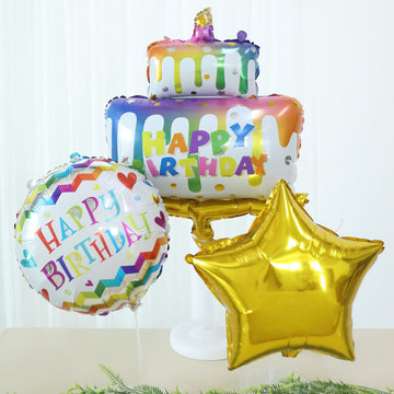 Set of 5 Colorful Happy Birthday Cake Mylar Foil Balloon Set, Round and Gold Star Balloon Bouquet With Ribbon, Birthday Party Decorations
