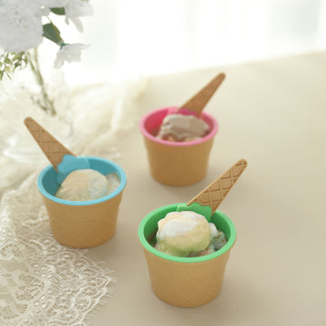 Set of 6 Colorful Reusable Ice Cream Cone Bowls And Spoons, Dessert Cups with Waffle Design Spoons - Blue,Green,Pink