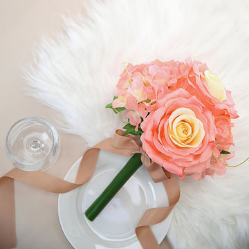 2 Bushes | Coral Artificial Silk Rose and Hydrangea Mix Flower Bouquets