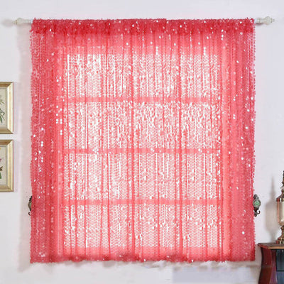 Coral sequin sheer curtain drapes for elegant window decor.