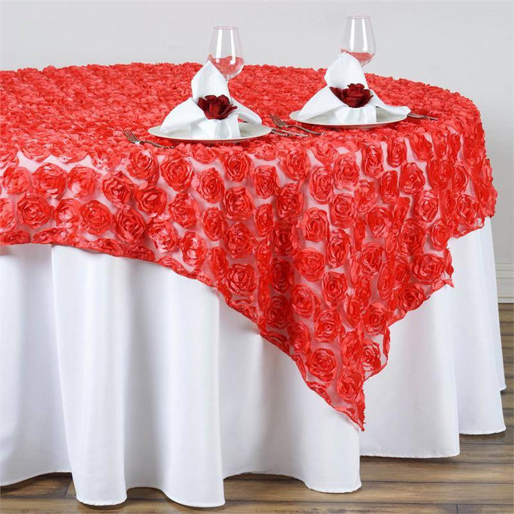 72"x72" Coral Lace Overlay with Rosette Flowers For Party Wedding Table Decoration#whtbkgd