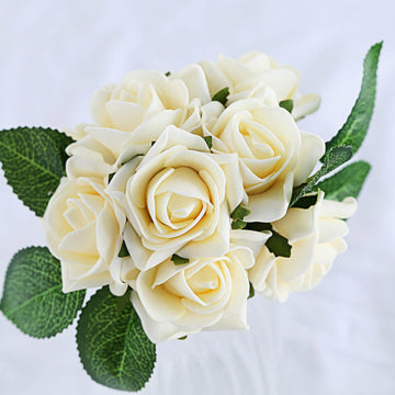 24 Roses Cream Artificial Foam Flowers With Stem Wire and Leaves 2"