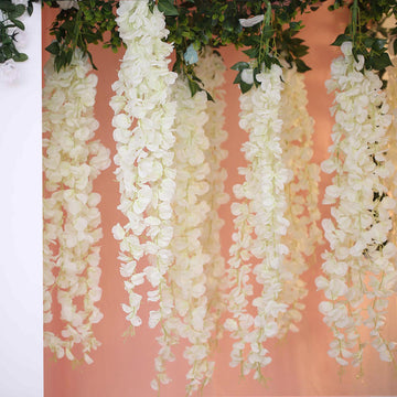 42" Cream Artificial Silk Hanging Wisteria Flower Garland Vines - Elaborated 5 Full Strands in 1 Bush