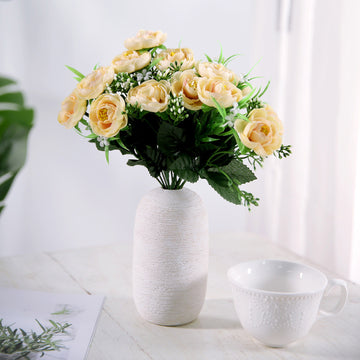 4 Bushes Cream Artificial Silk Peony Flower Bouquet Arrangement