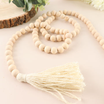 55" Cream Farmhouse Country Wood Bead Hanging Garland With Tassels, Rustic Boho Chic Wood Beaded Chain