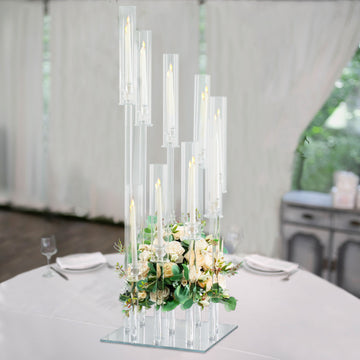 4ft Crystal 9-Arm Cluster Glass Candelabra Floral Pedestal Stand, Square Hurricane Taper Candle Holder Stand
