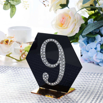 Elegant black table number 9 with rhinestone embellishments.