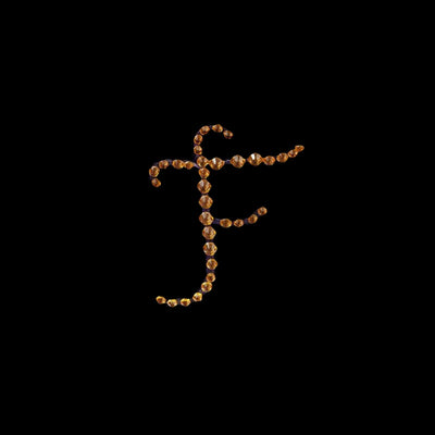Brown gemstone letter "F" design on a black background.