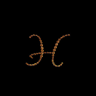 Artistic "H" design made of golden beads on a black background.