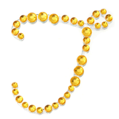 Yellow rhinestone letter "J" on a white background.