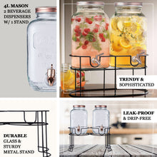 2 Pack Dual Glass Jar Beverage Dispenser with Stand Lids and Spigot