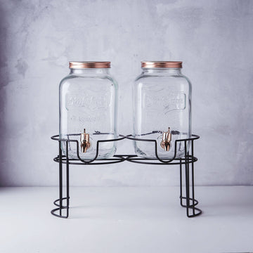 2 Pack Clear Dual Gallon Glass Beverage Dispenser Stand With Rose Gold Metal Lids, Juice Jars With Spigot Included