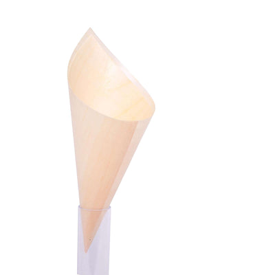 Wooden cone-shaped lamp shade on clear base