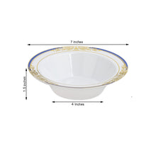 10 Pack | White Round 12oz Disposable Plastic Soup Bowl With Gold Vine and Royal Blue Rim