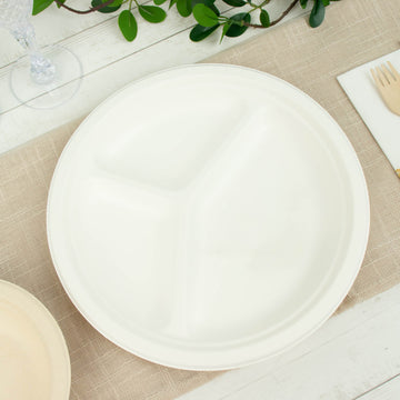 White Biodegradable Bagasse 3-Compartment Dinner Plates