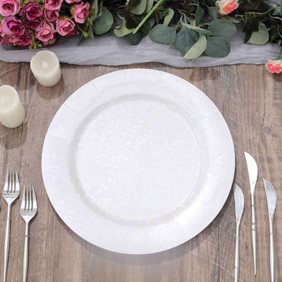 Elegant white disposable plate on a rustic wooden table setting.