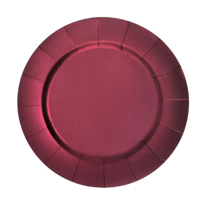 Burgundy paper plate with embossed texture, round shape, and scalloped edges.